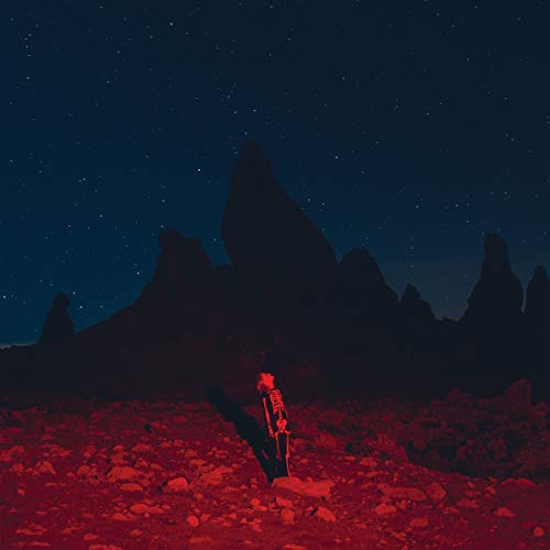 Person in a skeleton costume stands in a red-lit rocky landscape under starry sky.