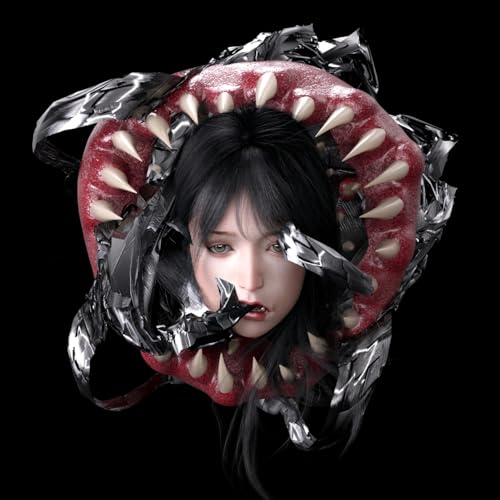 Woman’s face emerging from a monstrous, tooth-filled, pink and silver plant.