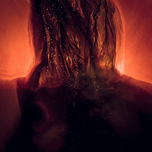 Abstract red and black swirling patterns, resembling flowing liquid.
