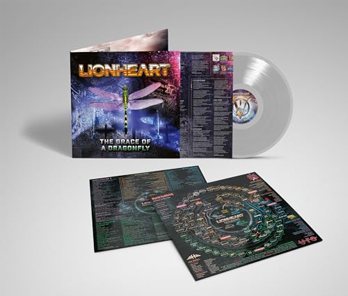 Silver vinyl record with album cover featuring a dragonfly and city scene.