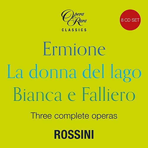Yellow CD case for Rossini’s three operas: Ermione, La donna del lago, and Bianca e Falliero.