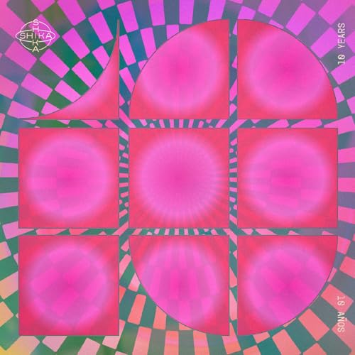 Colorful abstract album cover with pink shapes and geometric patterns.