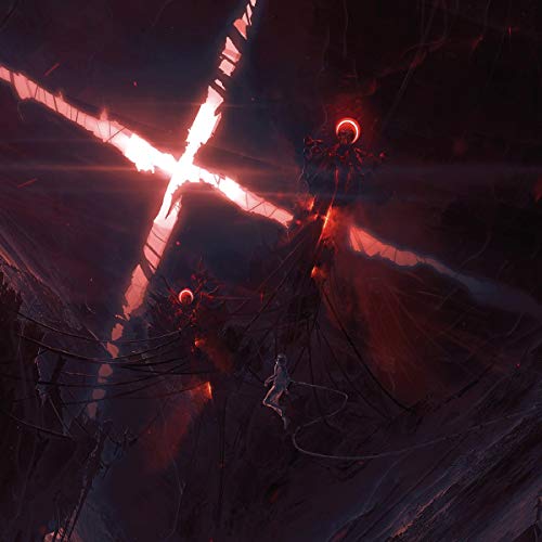 Dark, abstract art featuring a glowing cross and figures in a void.