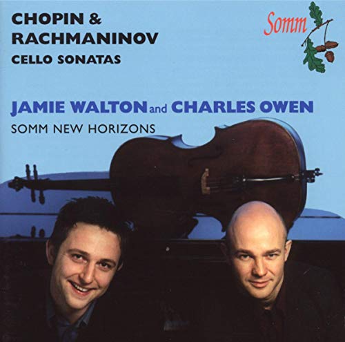 CD cover featuring a cello, two musicians, and text for Chopin & Rachmaninov.