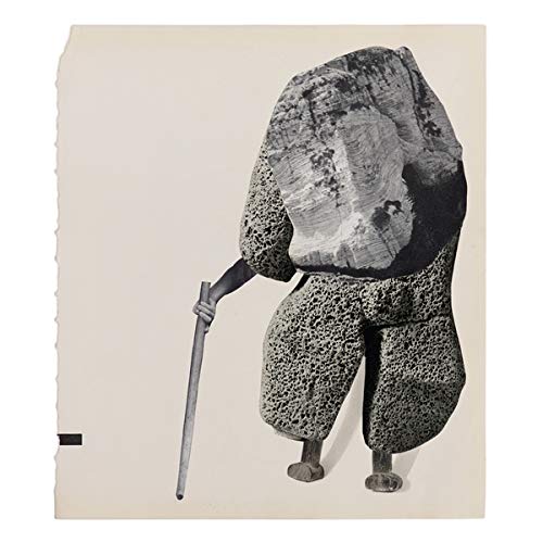 Black and white collage of a figure with a walking stick.