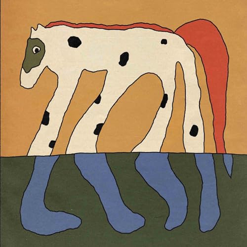Stylized illustration of a spotted white horse with a red mane and blue legs.