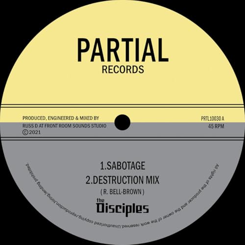 Yellow and gray vinyl record label with "PARTIAL RECORDS" and tracklist text.