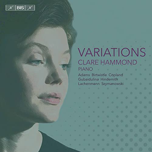 CD cover featuring pianist Clare Hammond’s portrait in teal tones.