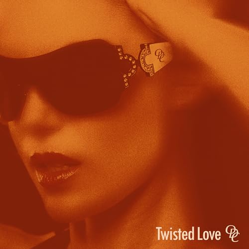 Close-up of a person wearing cracked sunglasses, orange tone, "Twisted Love".