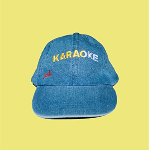 Blue denim baseball cap with embroidered “Karaoke” and “Jodi” text.