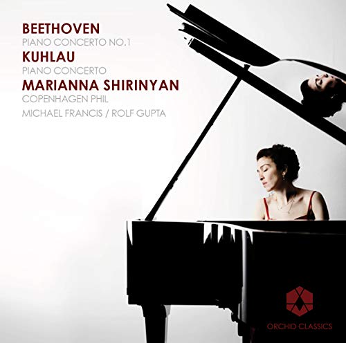 Pianist Marianna Shirinyan at a grand piano, album cover for classical music.
