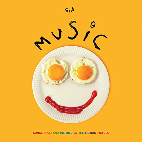 Album cover for Sia’s “MUSIC” with eggs and ketchup forming a face.