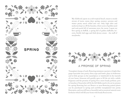 Book page with floral designs, text about spring, and a heart motif.