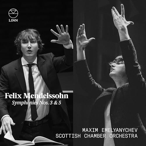 Black and white CD cover featuring conductor Maxim Emelyanychev.