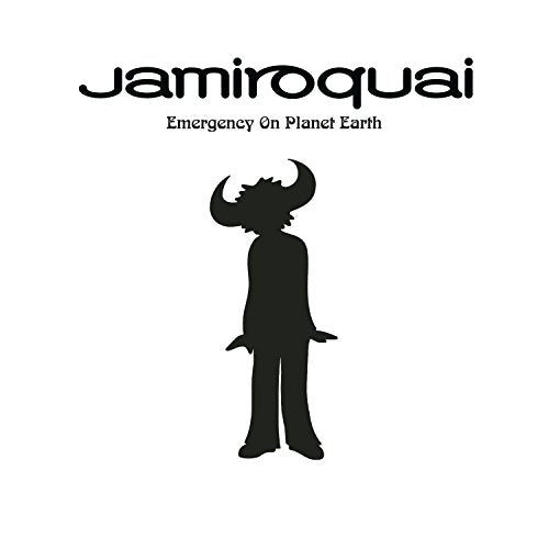 Jamiroquai Emergency On Planet Earth album cover with a black silhouette on white background.