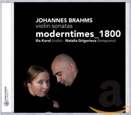 CD cover: Brahms violin sonatas with portraits of two musicians.