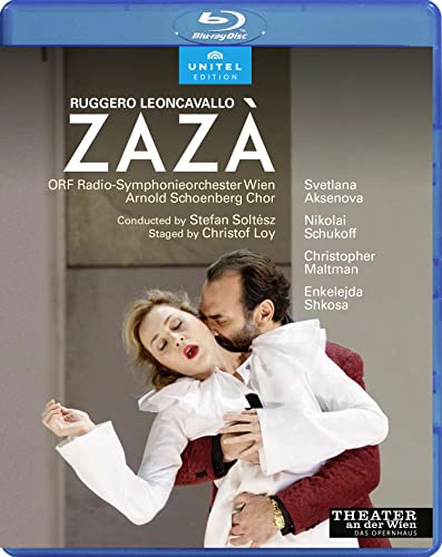 Blu-ray cover for Leoncavallo’s *Zaza* opera, featuring a couple embracing.