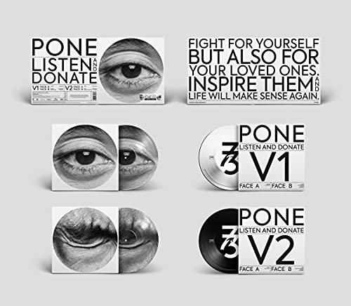 Double vinyl EP "Pone - Listen And Donate" with eye imagery.