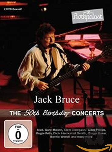 Jack Bruce playing bass guitar on stage for his 50th Birthday Concerts DVD cover.