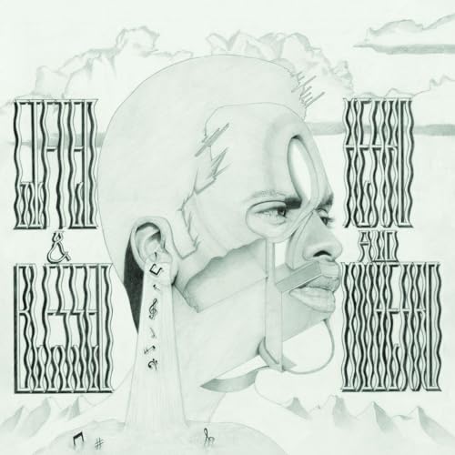 Black and white portrait of a man with abstract musical elements.