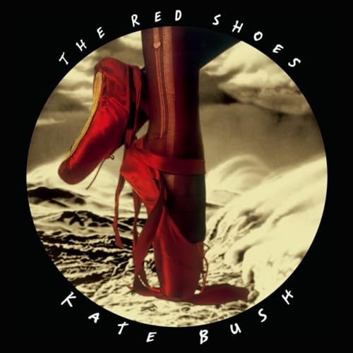 A pair of red ballet slippers worn on legs against a textured background.