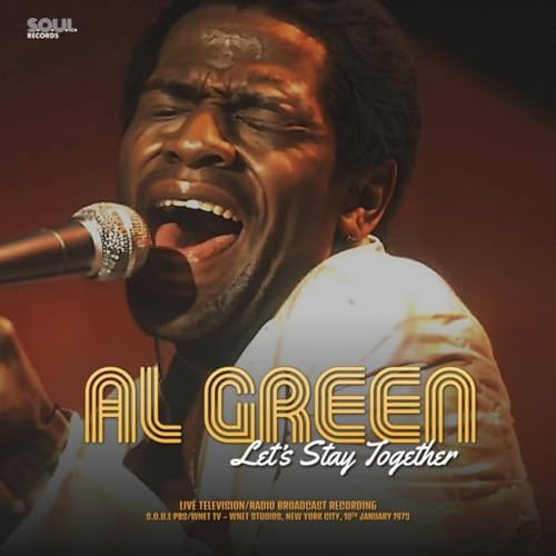 Al Green singing into a microphone, album cover for "Let's Stay Together.