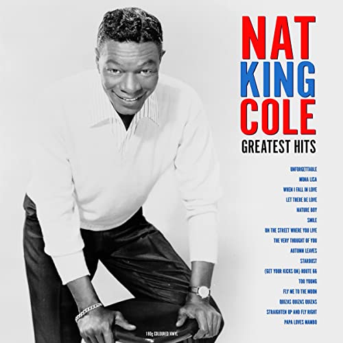 Black and white portrait of Nat King Cole with red and blue text overlay.