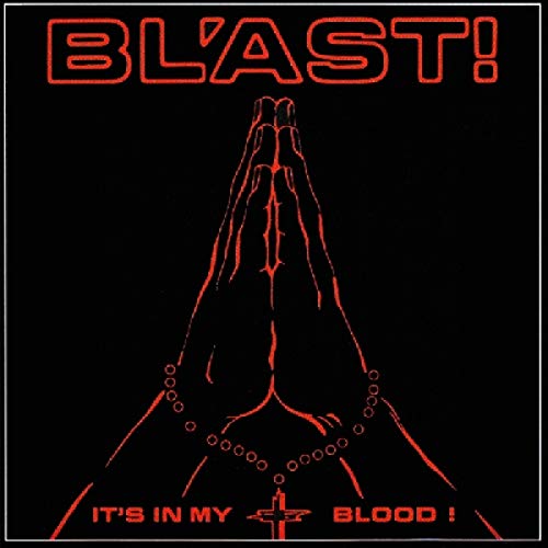 Red illustration of praying hands with rosary beads on a black background.