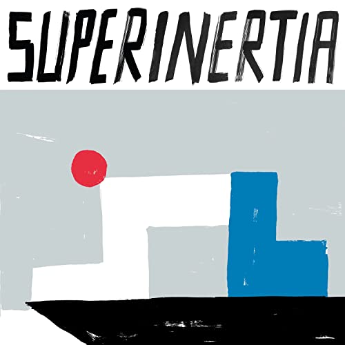 CD cover for "Superinertia" with abstract shapes in red, blue, and gray.