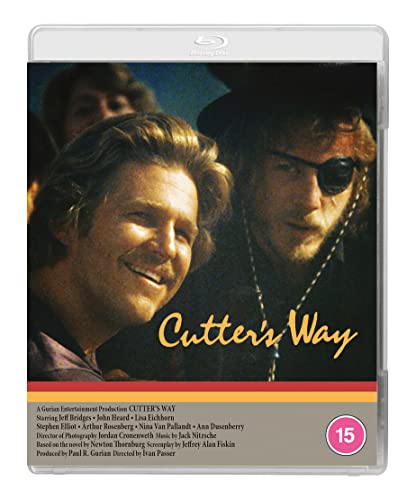 Blu-ray cover for "Cutter's Way" featuring two men, one with an eyepatch.
