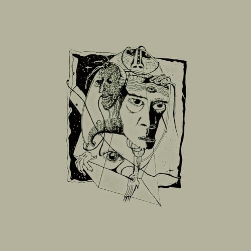 Black and white sketch of a face with surreal, fragmented imagery.