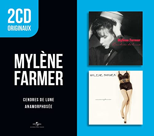 Two Mylène Farmer album covers with a black and blue background.