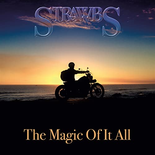 Strawbs album cover: silhouette of motorcyclist at sunset over ocean.
