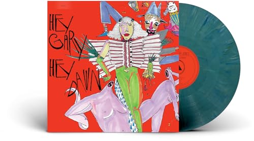 Red album cover with colorful, surreal figures and a green vinyl record.