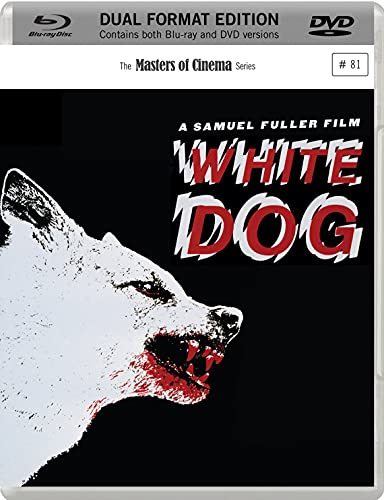 Blu-ray cover for White Dog featuring a snarling white dog on a black background.