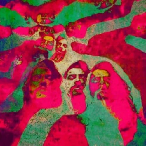 Abstract, distorted faces in red and green, CD cover art.
