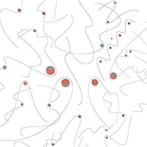 Abstract white background with curved lines and scattered red and blue dots.