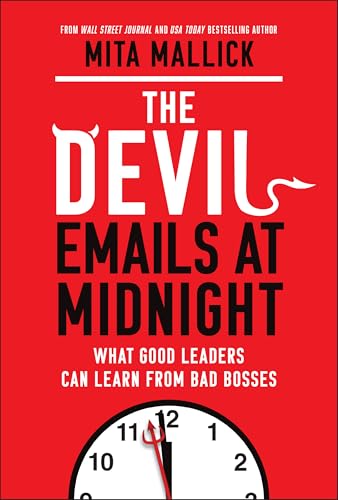 Red book cover with white text: "The Devil Emails at Midnight" and a clock.