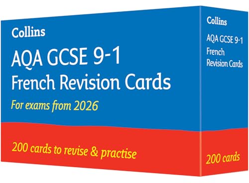 Blue and red box of AQA GCSE French revision cards, 200 cards.