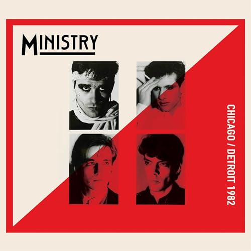Ministry album cover: split red and white background with four black and white portraits.