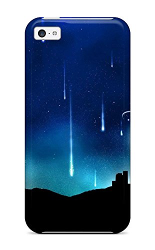 Phone case depicting a dark blue starry night sky with shooting stars.