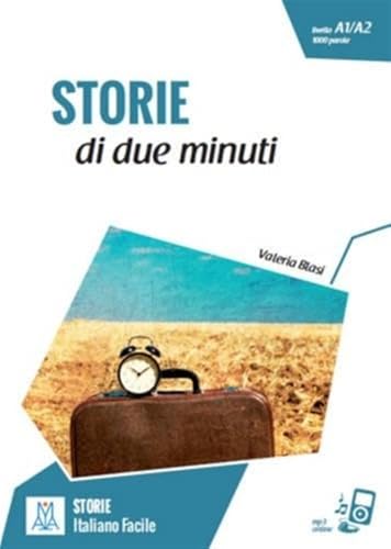 Book cover with title "STORIE di due minuti", suitcase, and alarm clock.