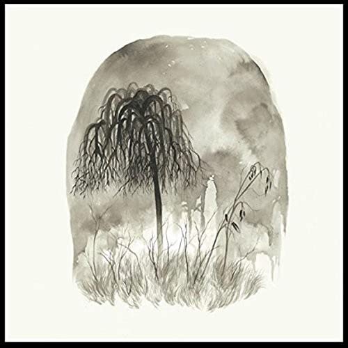 Ink wash painting of a weeping willow and tall grasses.