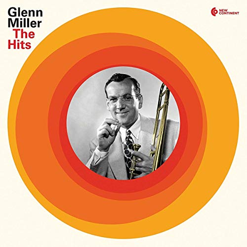 Glenn Miller in glasses holding a trombone, orange concentric circles background.