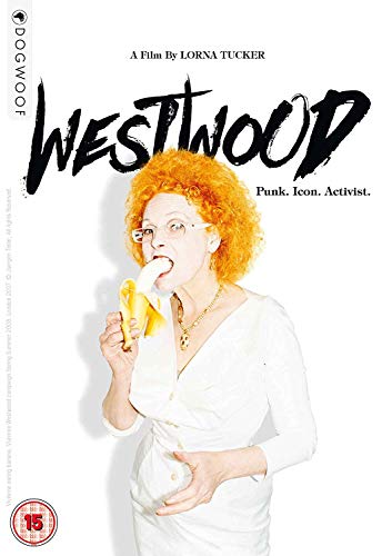 Vivienne Westwood in white, eating a banana, DVD cover art.