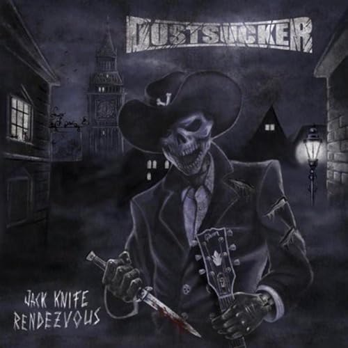 Skeleton in a cowboy hat holding a knife and mandolin.
