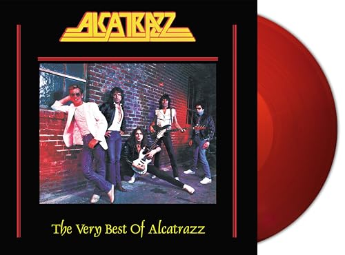 Alcatrazz album cover with band photo and a red vinyl record.