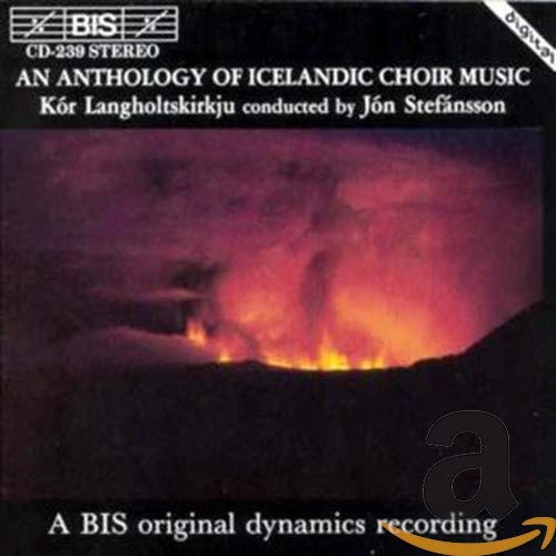 CD cover for Icelandic choir music anthology, featuring a fiery landscape.