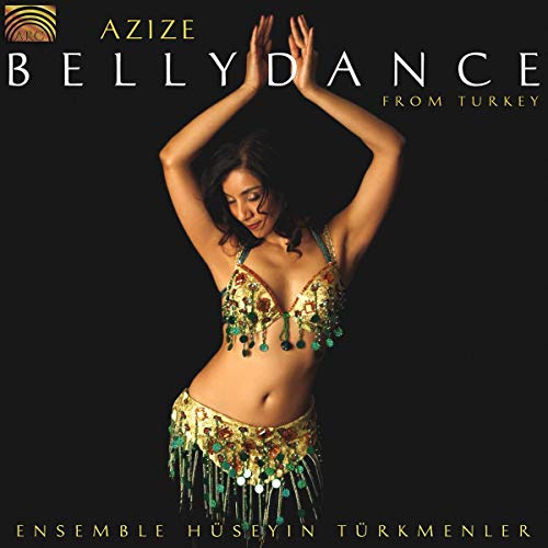 Belly dancer in ornate gold costume, album cover for Turkish music.