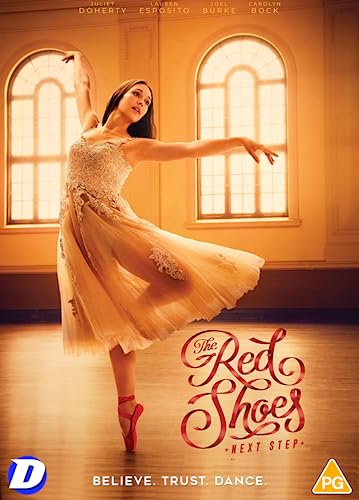 Ballerina in a pale dress, red shoes, film poster for “The Red Shoes: Next Step”.